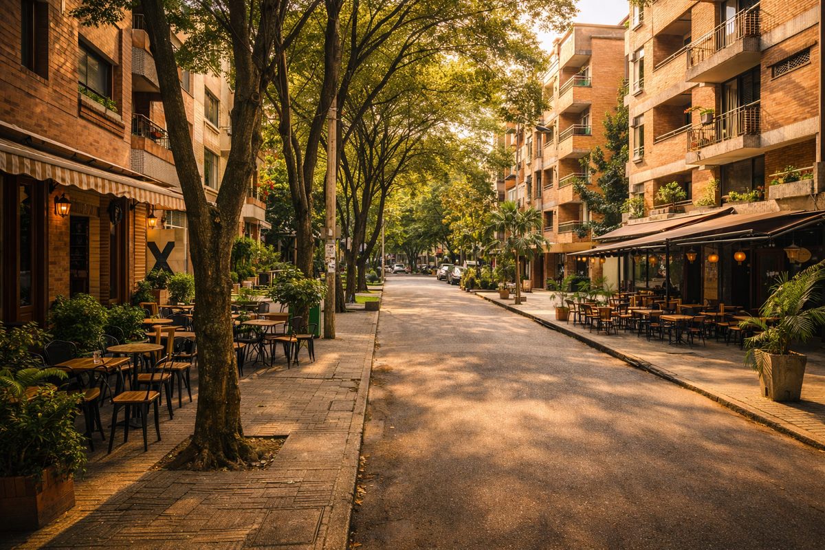 Tree-lined café street in Laureles, Medellín